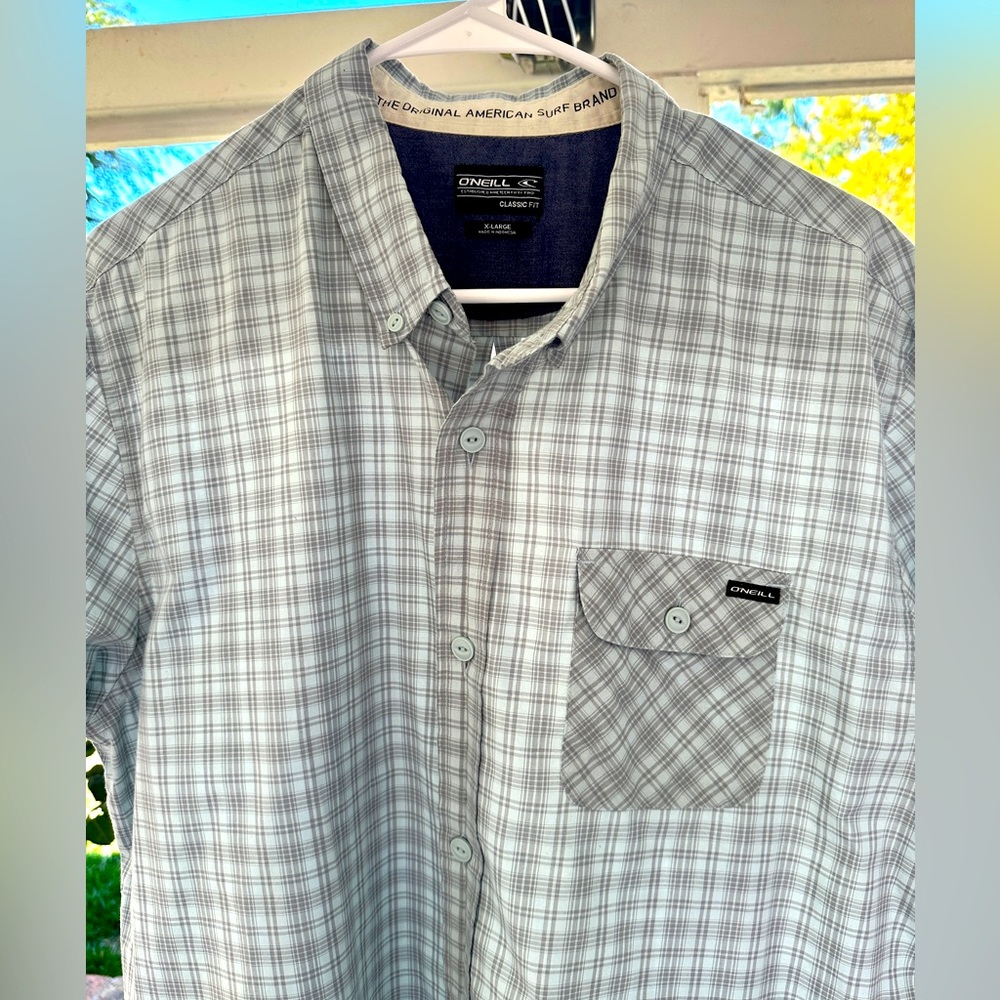 Oneill Button Up Shirt Mens XL Light Blue/Green Plaid Hawaiian Surf